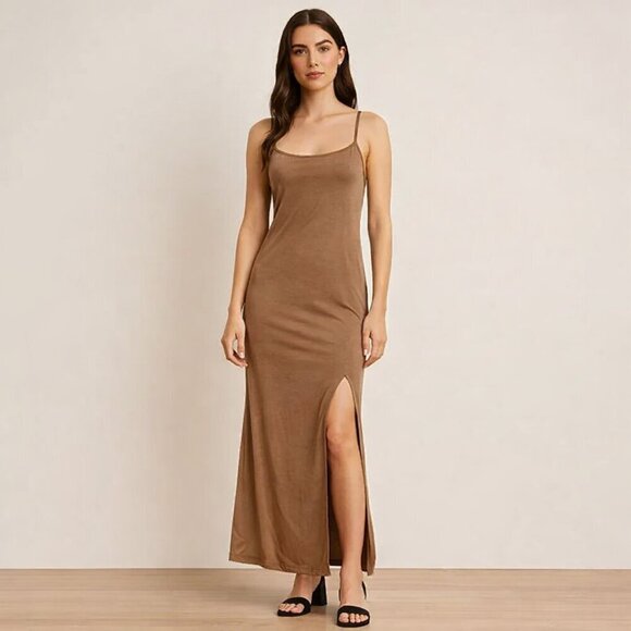 Edges of Her Dresses & Skirts - Tan Brown Cross Back Slip Dress Maxi Side Slit Adjustable Straps Womens Small